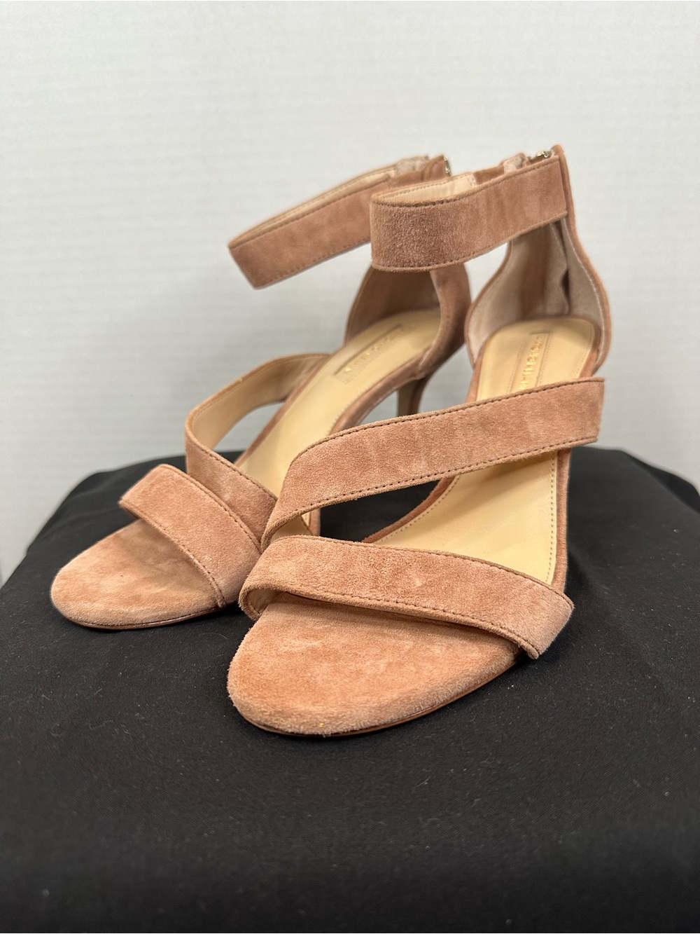 ANTONIO MELANI Blush Suede Strappy Ankle-Heel Sandals, size 8, New without Box